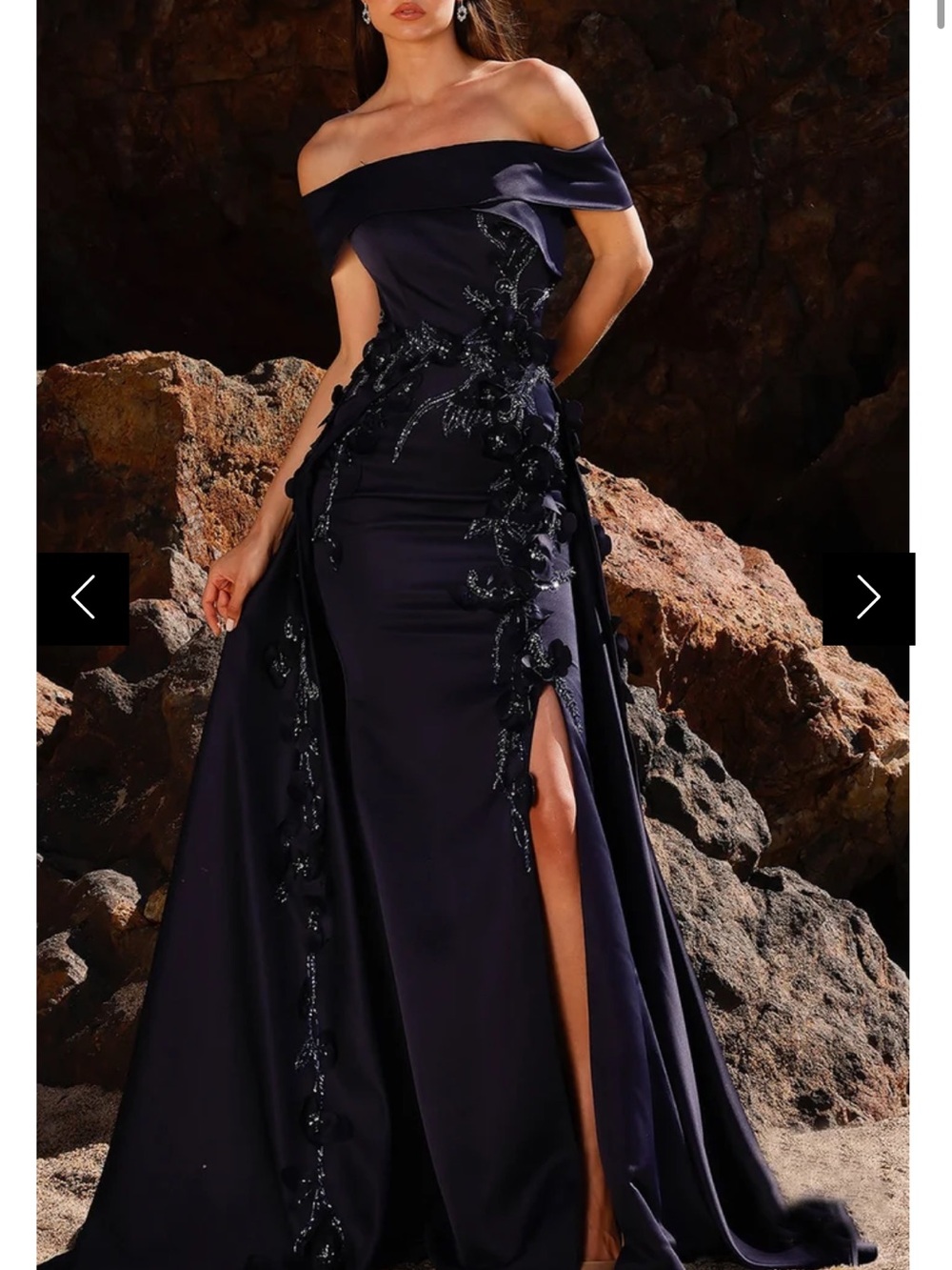 Terani Couture Navy One-Shoulder Evening Gown with Beaded Appliqué